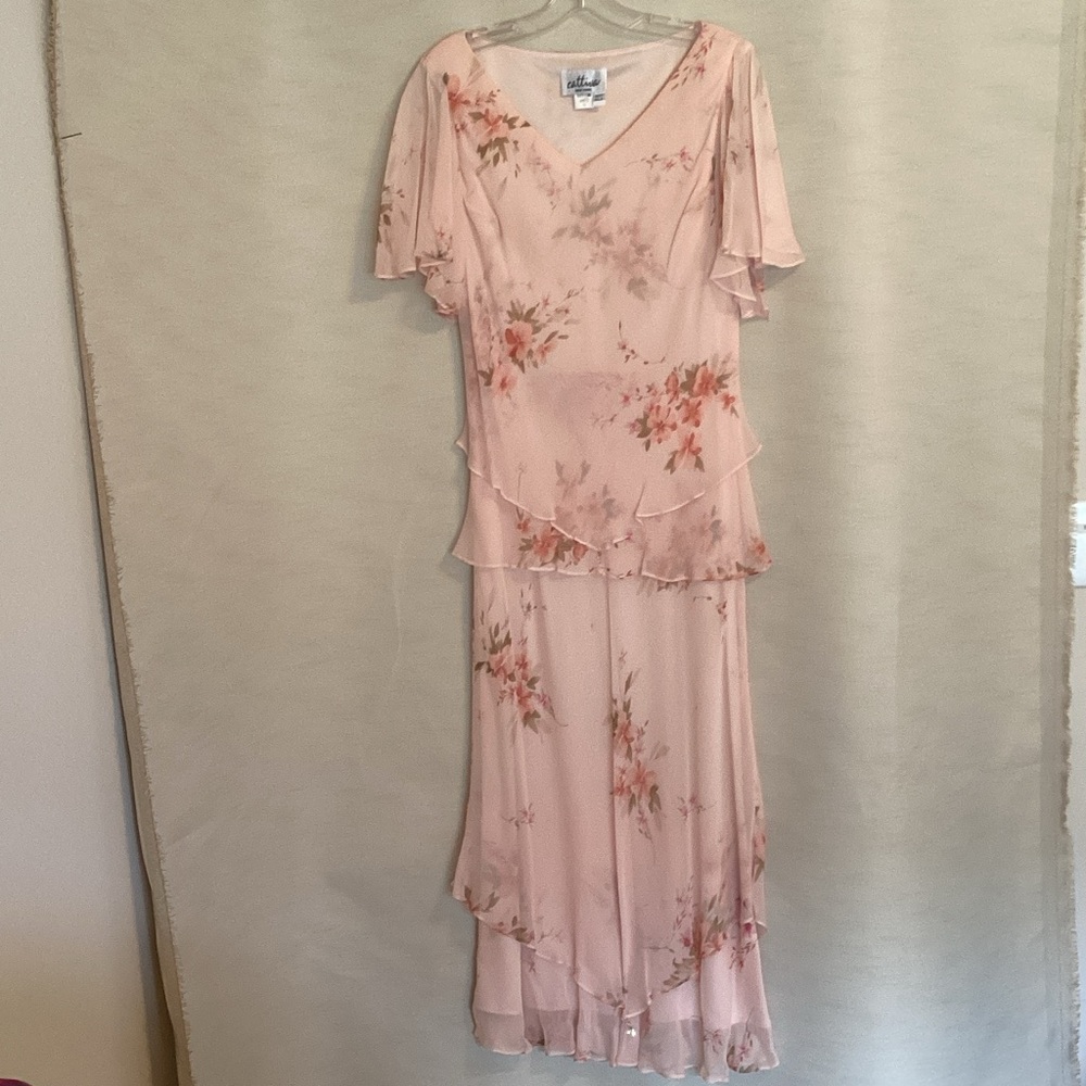 Flowy Pink Floral SILK  Maxi Dress with Tiered Ruffles
